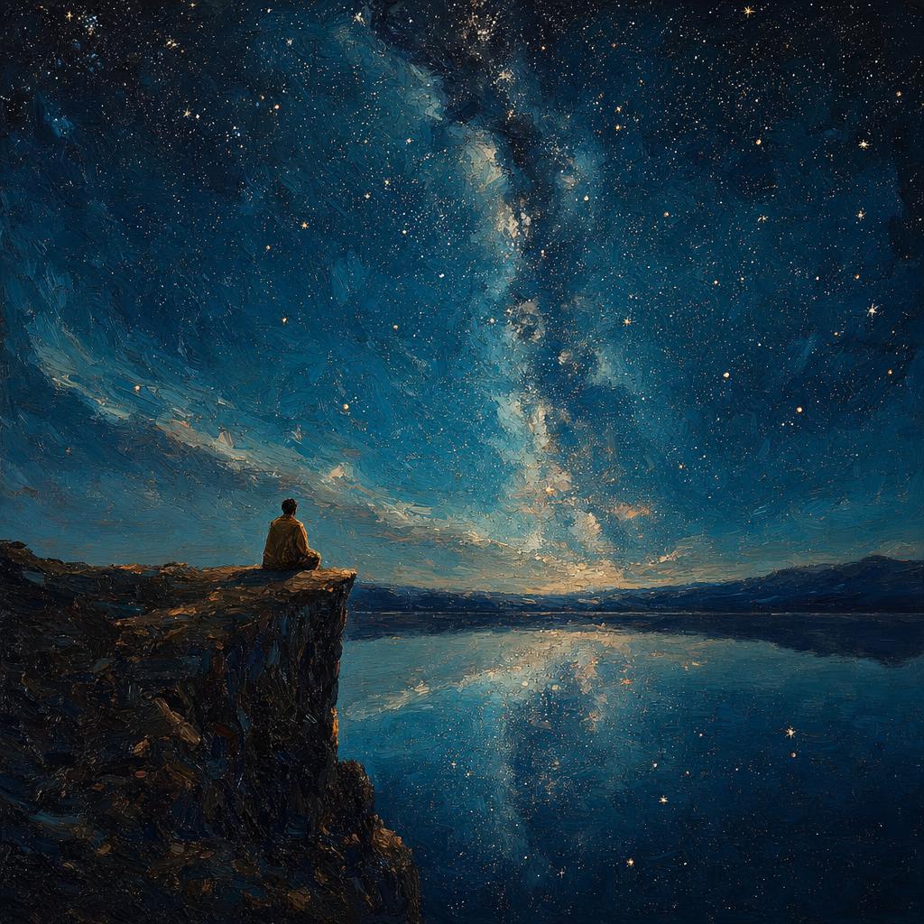 Oil painting of a solitary figure on a cliff gazing at the starry Milky Way reflected in still water