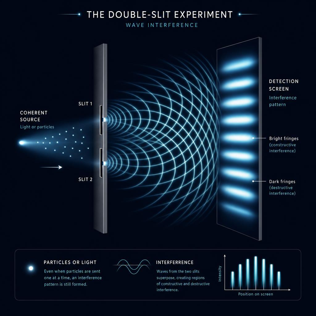 Scientific diagram of the double-slit experiment showing interference pattern