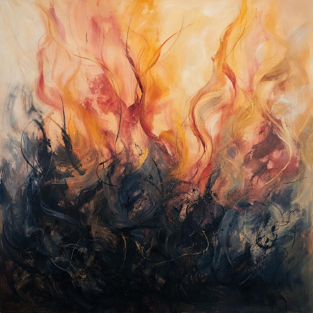 Abstract expressionist painting showing dark compressed shapes at the bottom dissolving upward into warm flowing ribbons of amber and gold