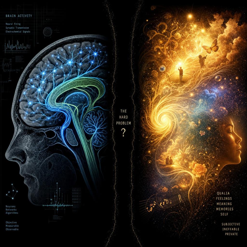 Split illustration showing the gap between brain neural activity and subjective inner experience