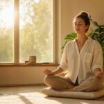Person meditating peacefully near a sunlit window on a wooden floor with indoor plants