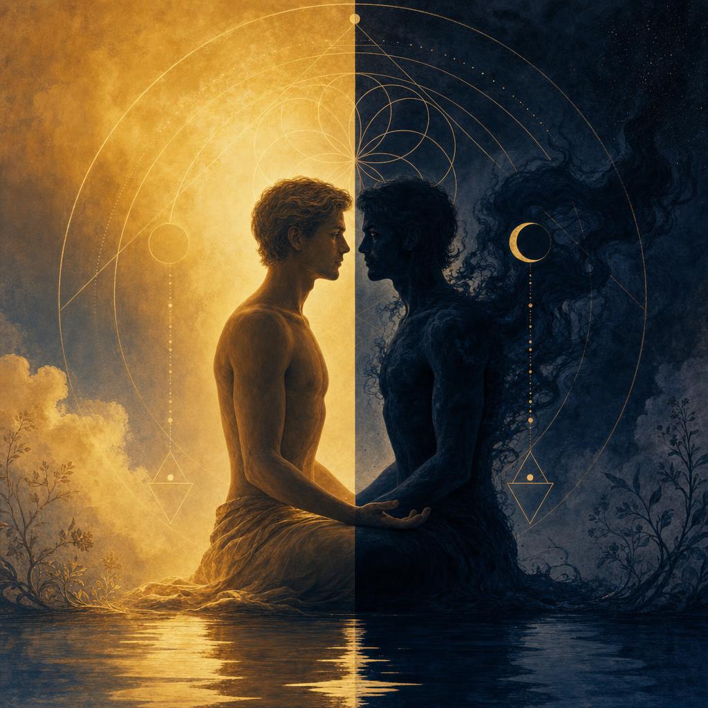 Illustration of a meditating figure split between a warm golden lit half and a deep indigo shadow half facing each other