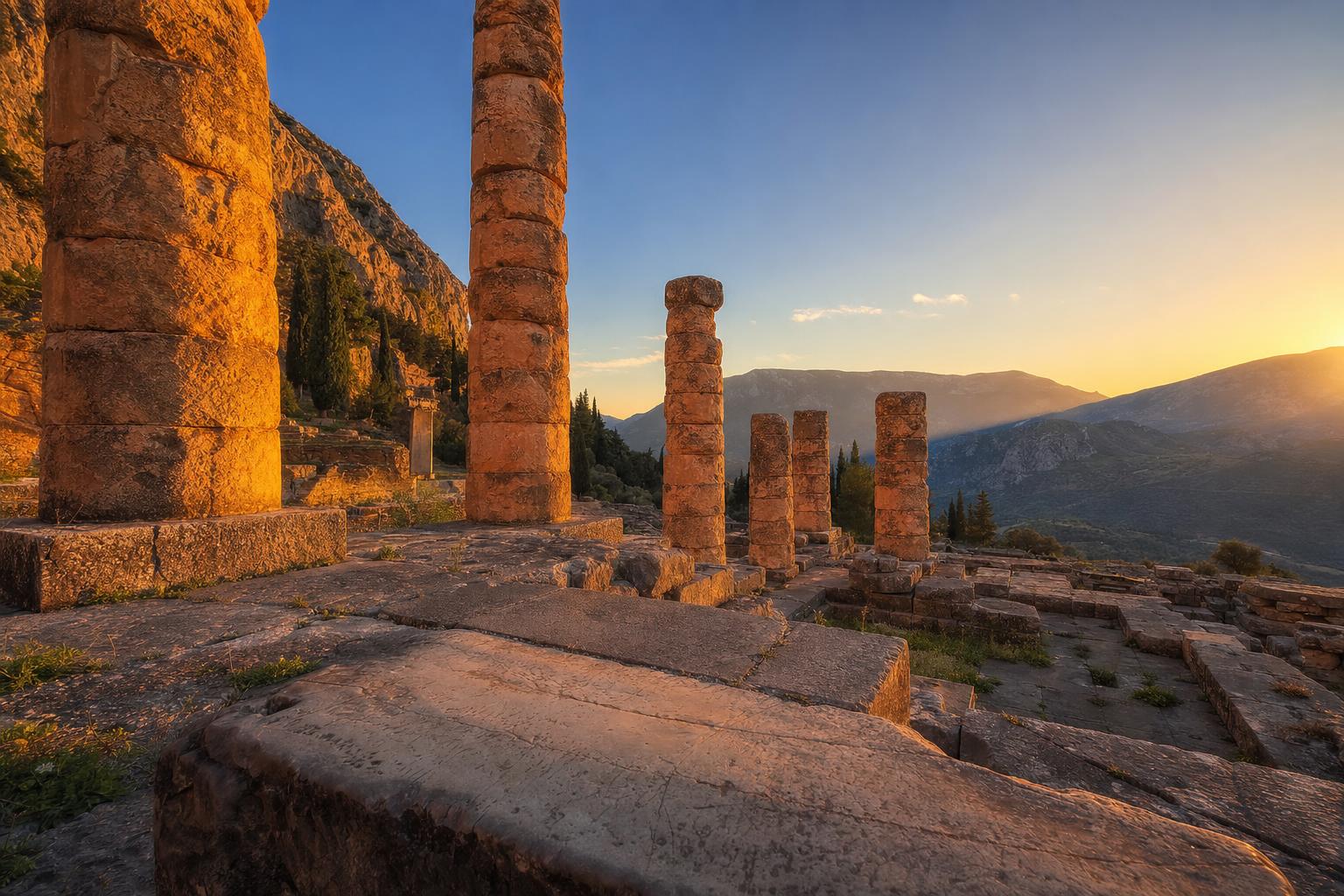 Ancient ruins of the Temple of Apollo at Delphi at golden hour