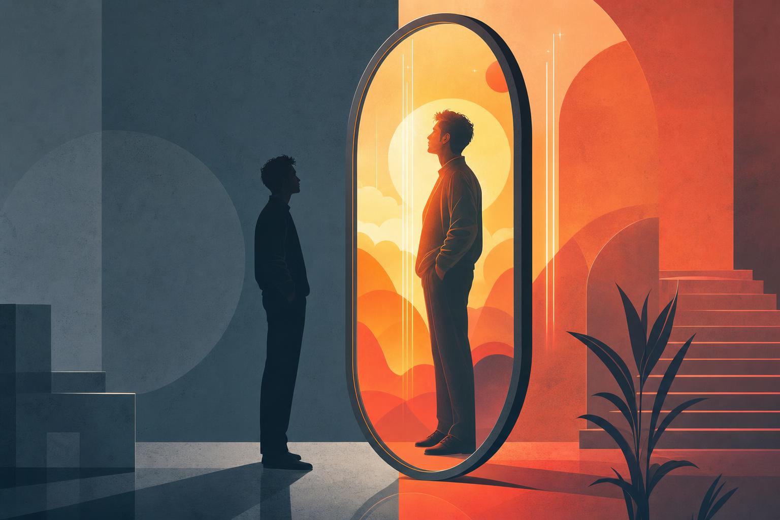 Editorial graphic showing a person and their deeper luminous reflection — the gap between who we appear to be and who we truly are