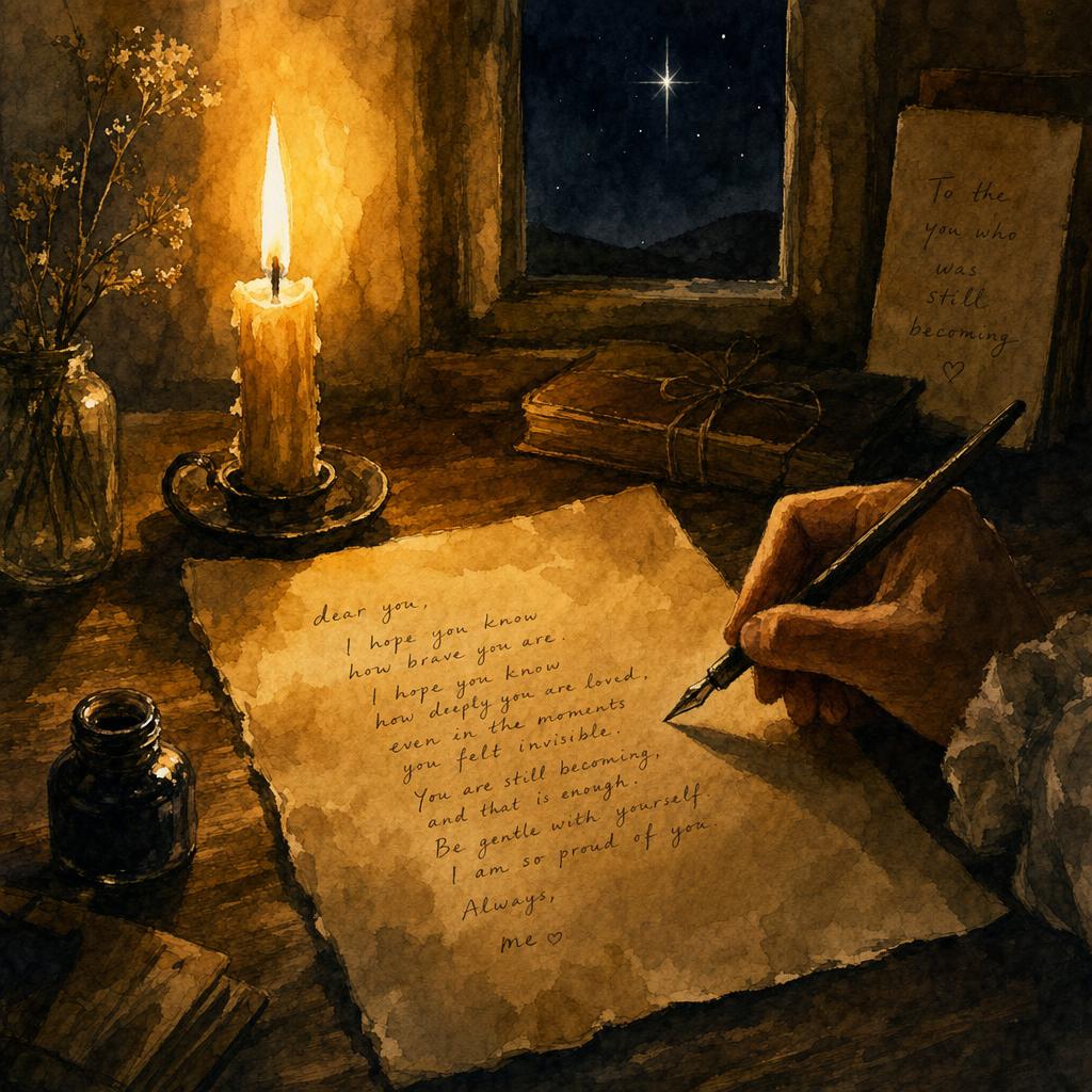 Watercolor of a hand writing a letter by candlelight with a night sky and single star through the window