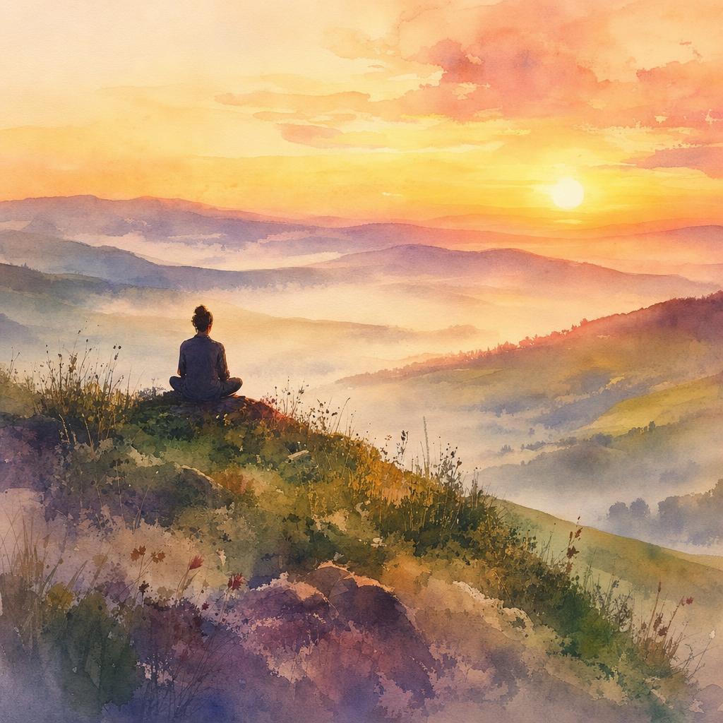 Watercolor painting of a lone figure meditating on a hillside at sunrise