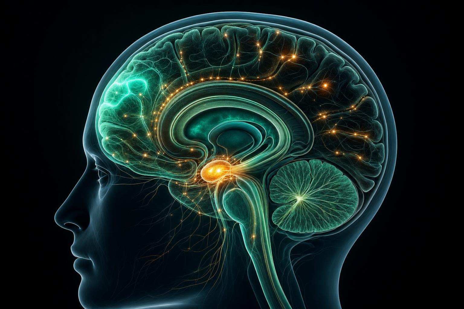 3D brain visualization showing neural pathways lit in teal and amber — the neuroscience of meditation