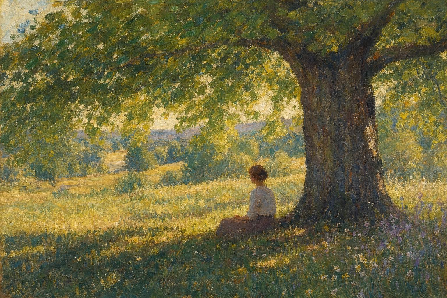 Impressionist painting of a person sitting quietly under a tree — the simplicity of a meditation practice