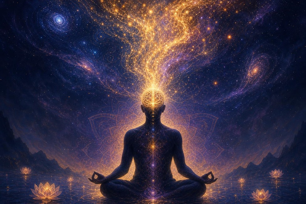 Meditating figure with illuminated brain and cosmic neural energy