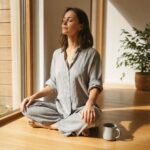 Woman meditating peacefully by a sunlit window