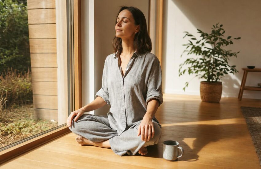 Woman meditating peacefully by a sunlit window