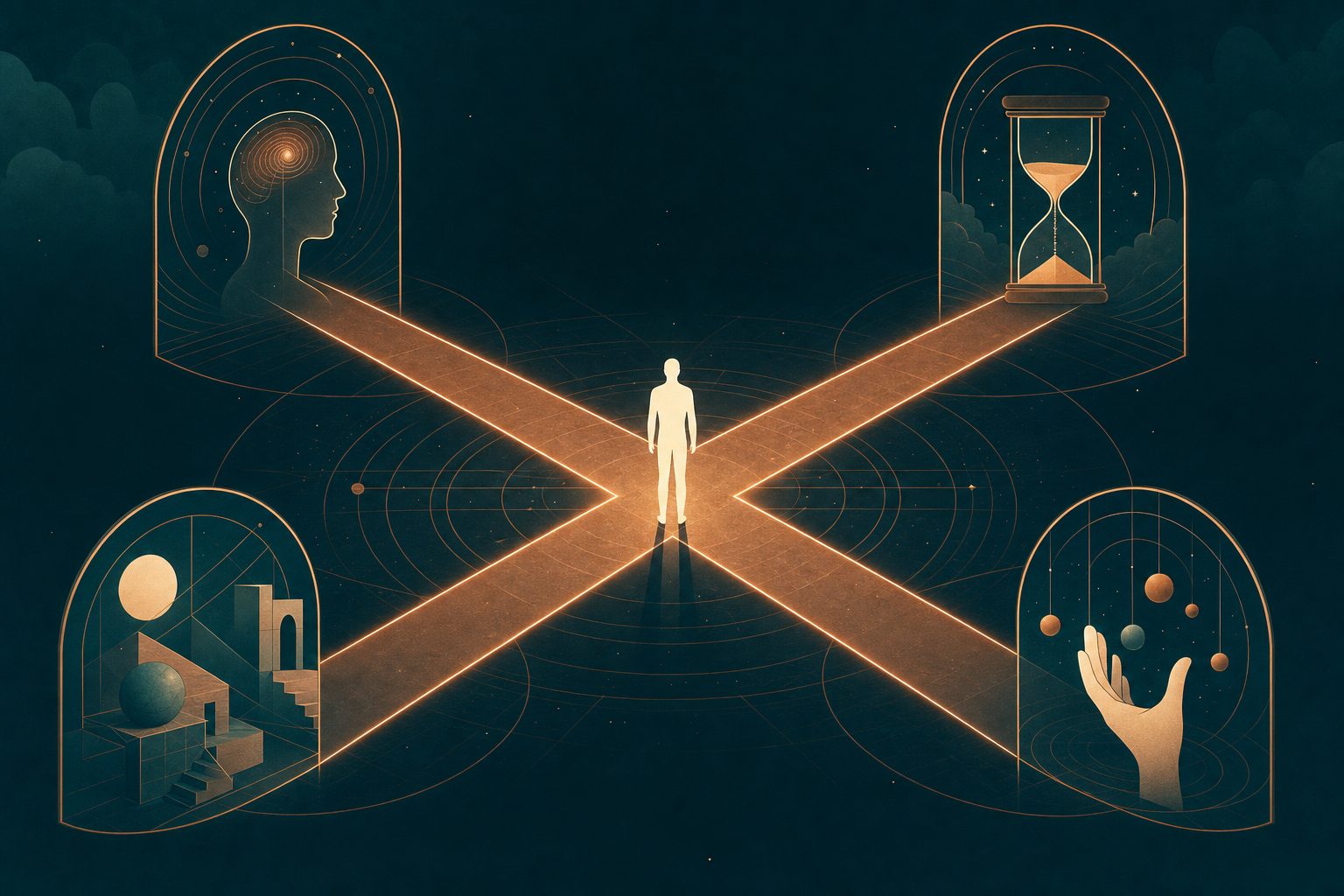 A figure at the intersection of four philosophical pathways