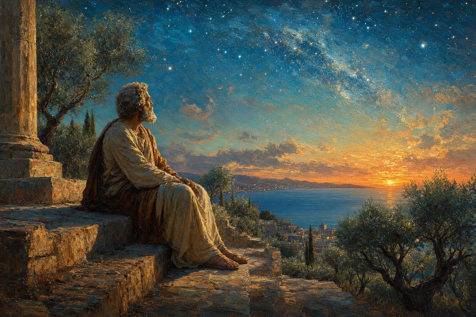 Ancient philosopher gazing at the night sky, pondering existence