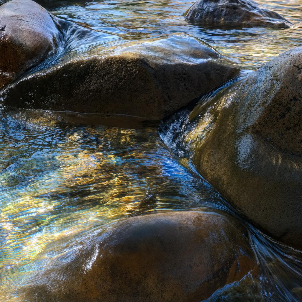 Clear mountain stream flowing effortlessly around ancient smooth stones with sunlight fracturing beneath the surface