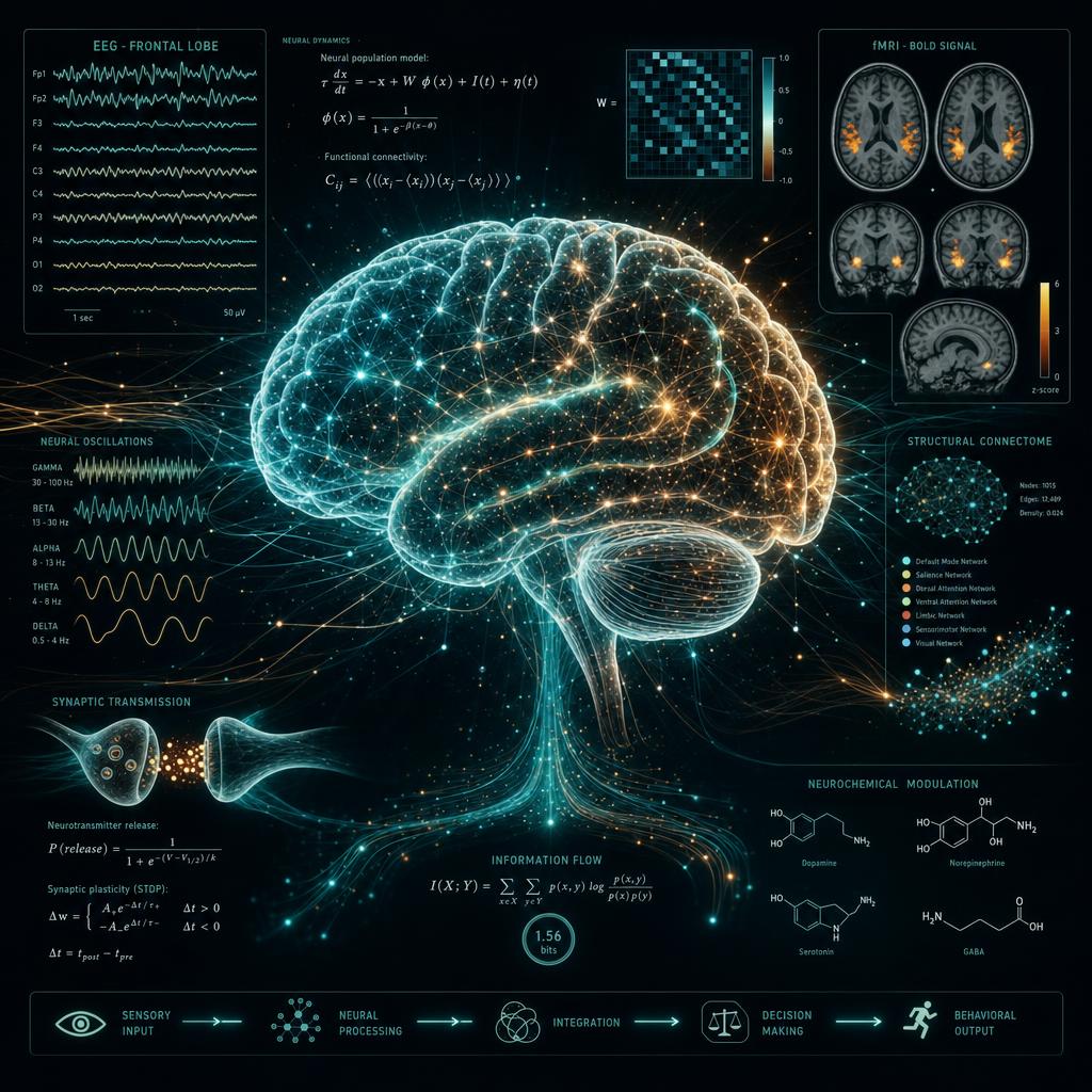Human brain rendered as a glowing network of interconnected nodes with EEG waves and fMRI imagery