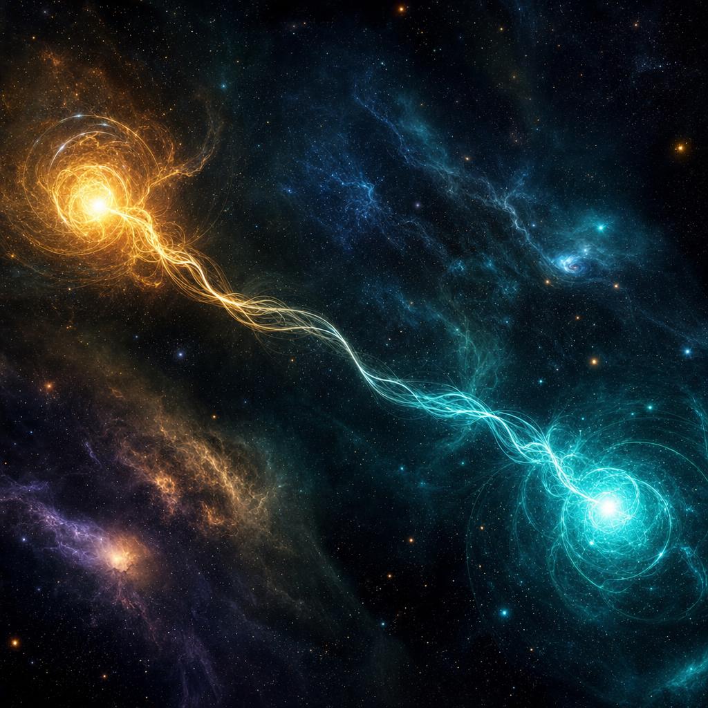 Two luminous particles connected across cosmic distance — quantum entanglement visualized