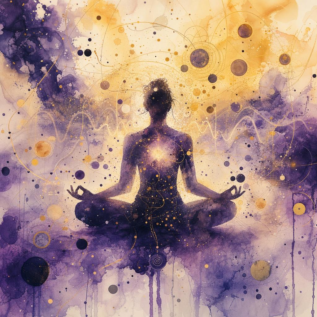 Watercolor illustration of a meditating figure surrounded by quantum particle waves