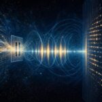 Abstract quantum wave interference patterns in deep space — indigo and gold cosmic energy
