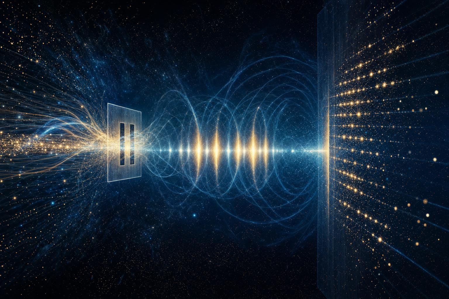 Abstract quantum wave interference patterns in deep space — indigo and gold cosmic energy