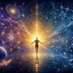 Human figure at the intersection of cosmos and science