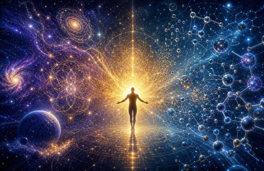 Human figure at the intersection of cosmos and science