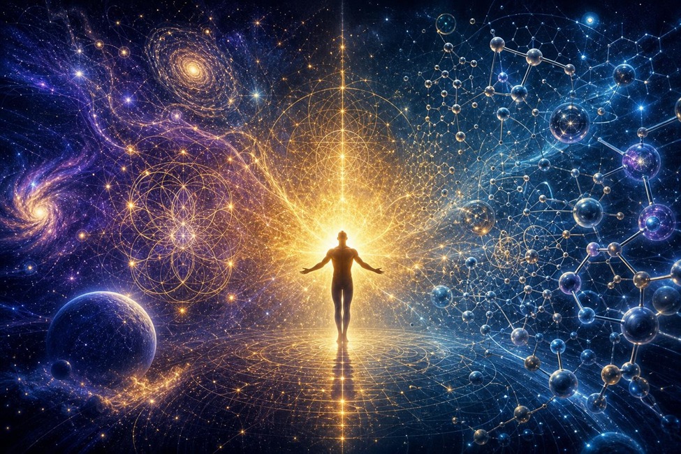 Human figure at the intersection of cosmos and science