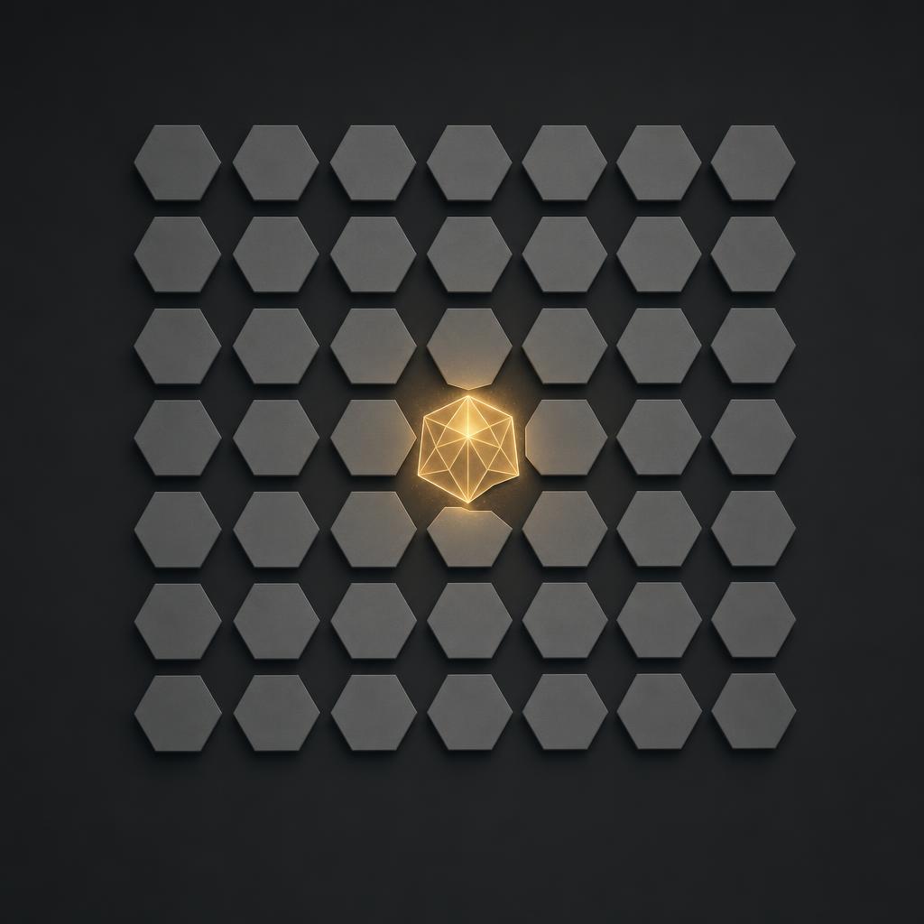 One glowing golden hexagon standing out among identical grey hexagons — the seeker who radiates quietly