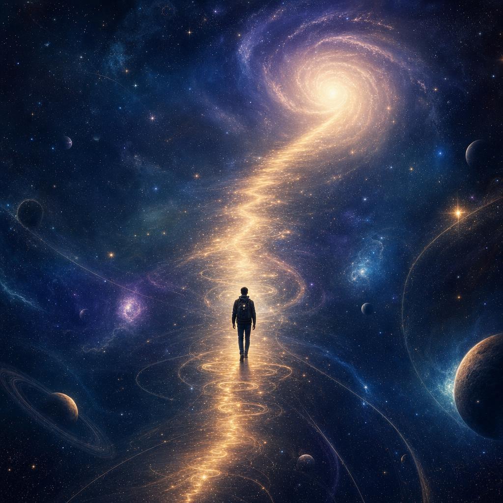 A lone figure walking a luminous path through deep space, stars and nebulae surrounding them