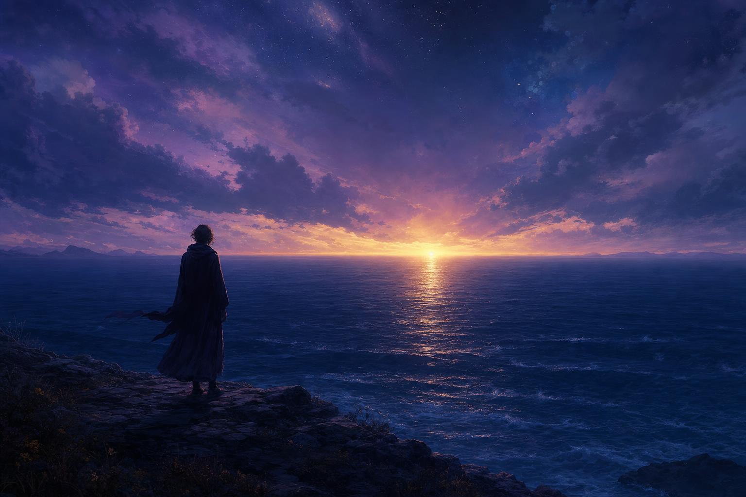 Solitary figure standing at the edge of a dark ocean at twilight facing a distant glowing horizon