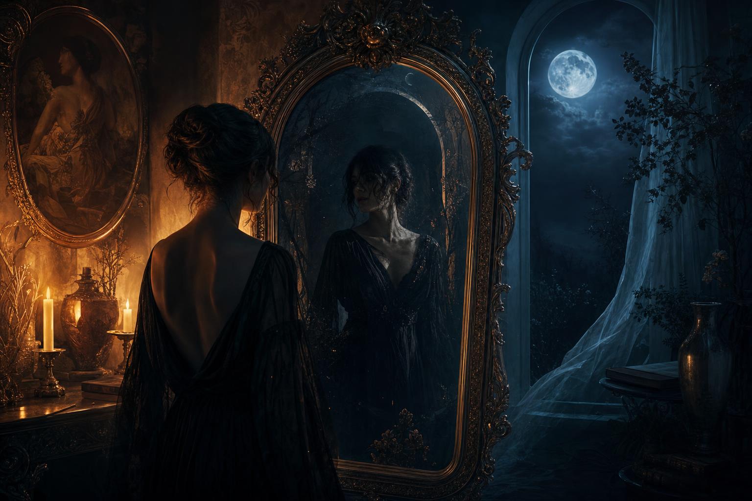 A human silhouette standing before a mirror whose reflection reveals their shadow self, lit by candlelight and moonlight