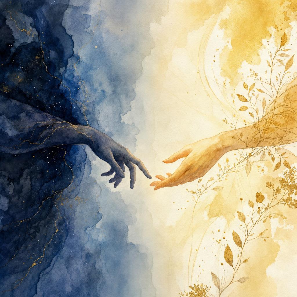 Watercolor of two hands reaching toward each other — one from shadow, one from light — nearly touching