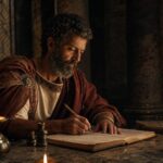 Marcus Aurelius writing the Meditations by candlelight