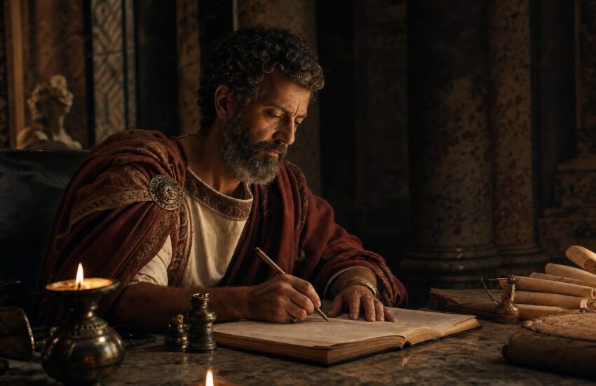 Marcus Aurelius writing the Meditations by candlelight