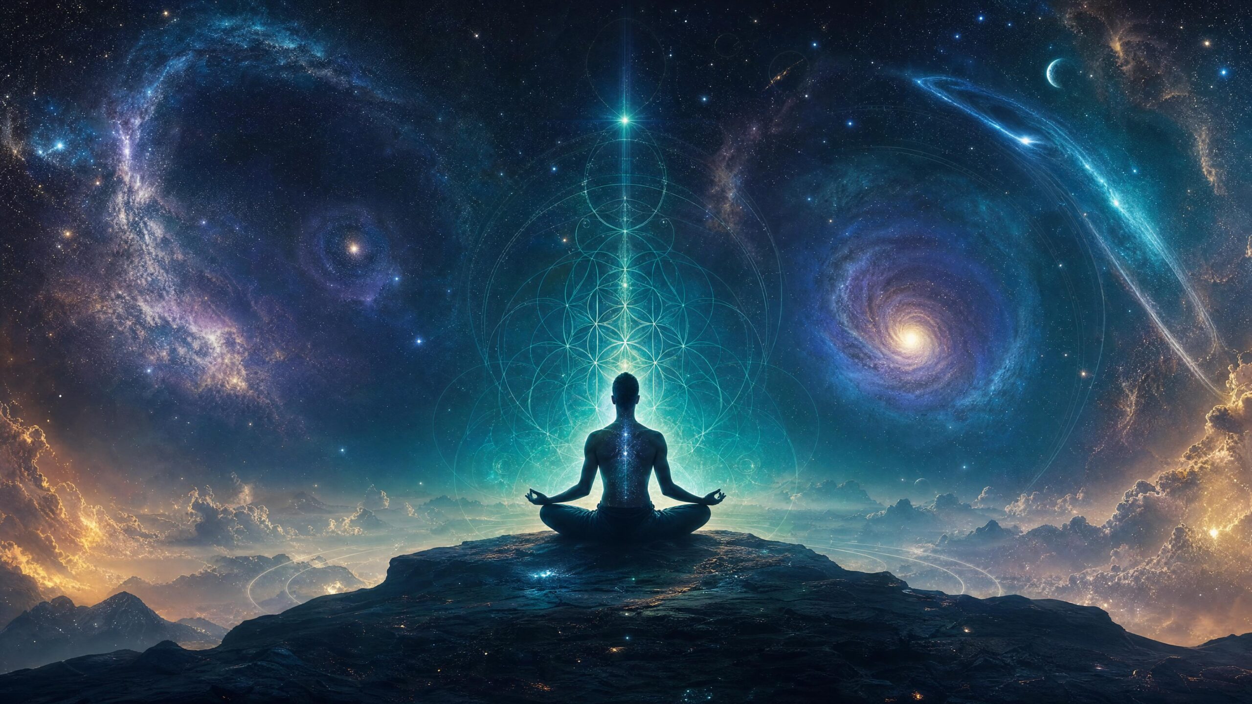 A lone figure meditating beneath an indigo cosmic sky, surrounded by sacred geometry and distant galaxies — the spirit of Sublimare