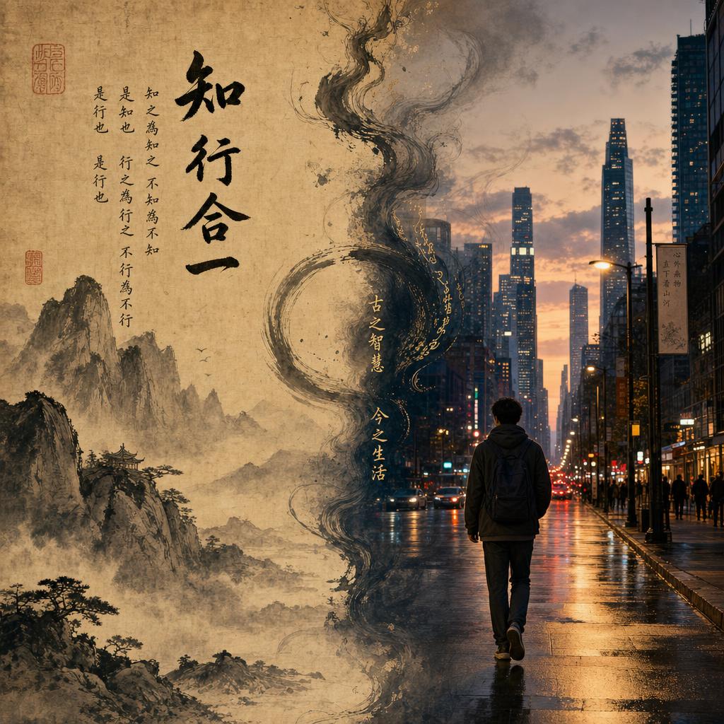 Illustration blending a classical Chinese scroll with ink mountains and a modern city street at dusk