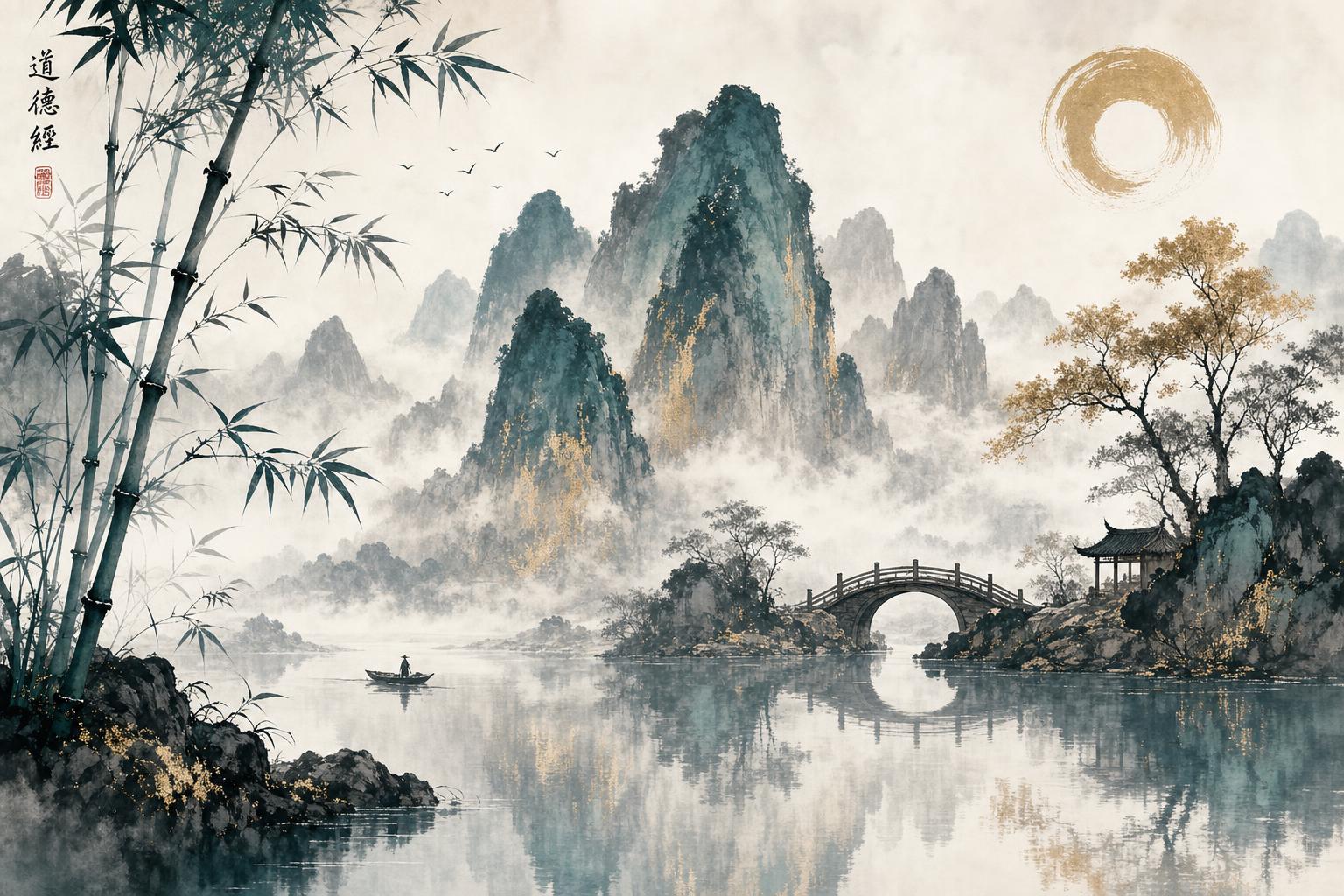 Classical Chinese ink painting landscape with mist-shrouded mountains reflected in still water and a wooden bridge