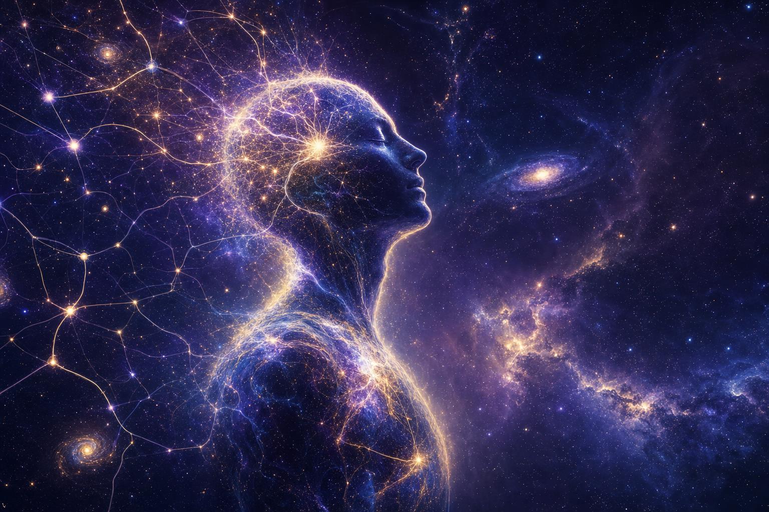 Abstract cosmic visualization of human consciousness — neural networks dissolving into deep space