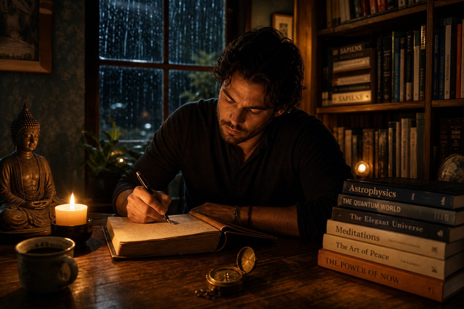 A man writing in a journal by candlelight late at night, books on science and spirituality around him