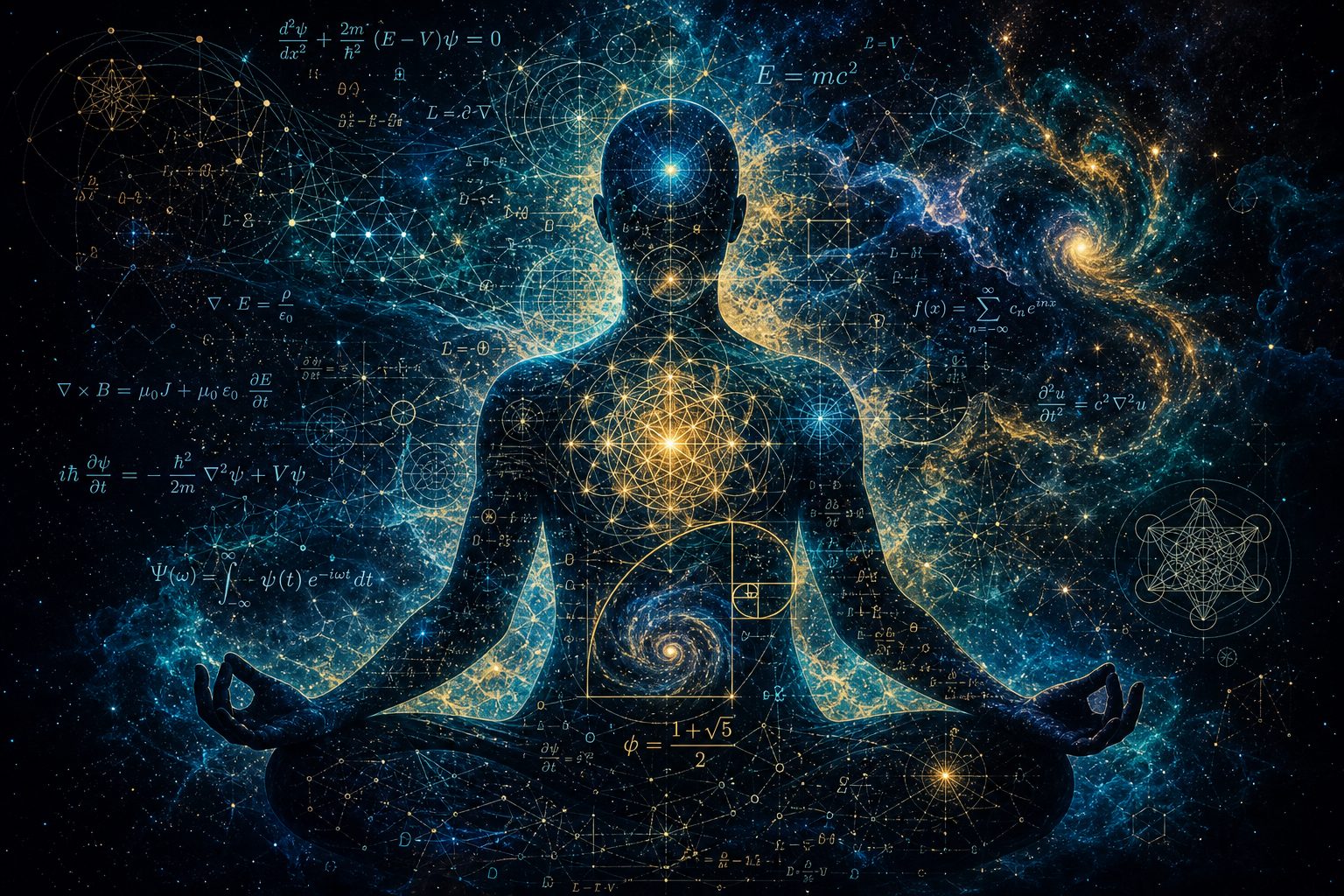 Double-exposure of a meditation silhouette composed of mathematical equations, sacred geometry and cosmic nebulae