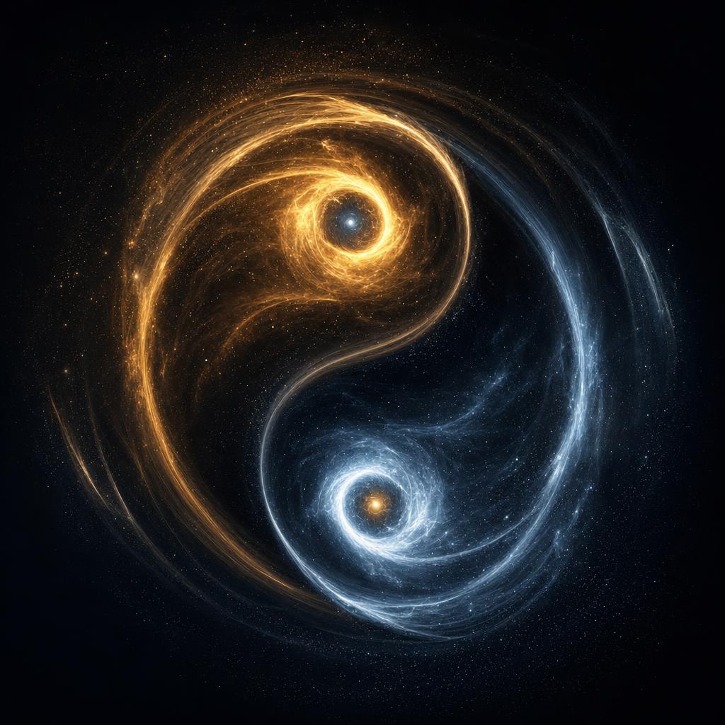 Abstract cosmic yin-yang with gold and silver-blue spiraling energies each containing a seed of the other