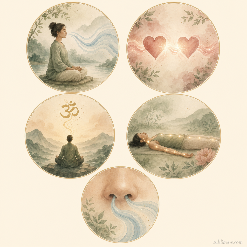 Illustrated guide to five types of meditation — mindfulness, loving-kindness, transcendental, body scan, breath awareness