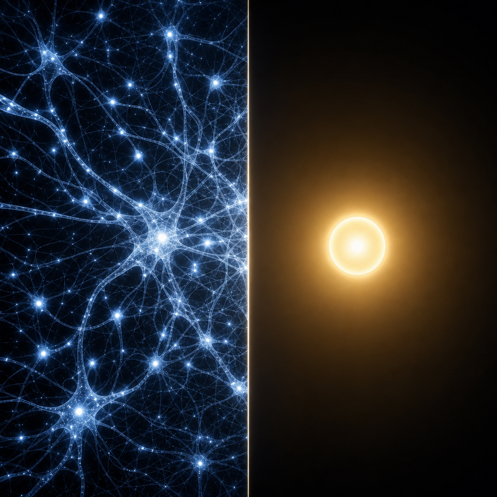 Conceptual illustration contrasting brain neural network with subjective inner experience — the hard problem of consciousness