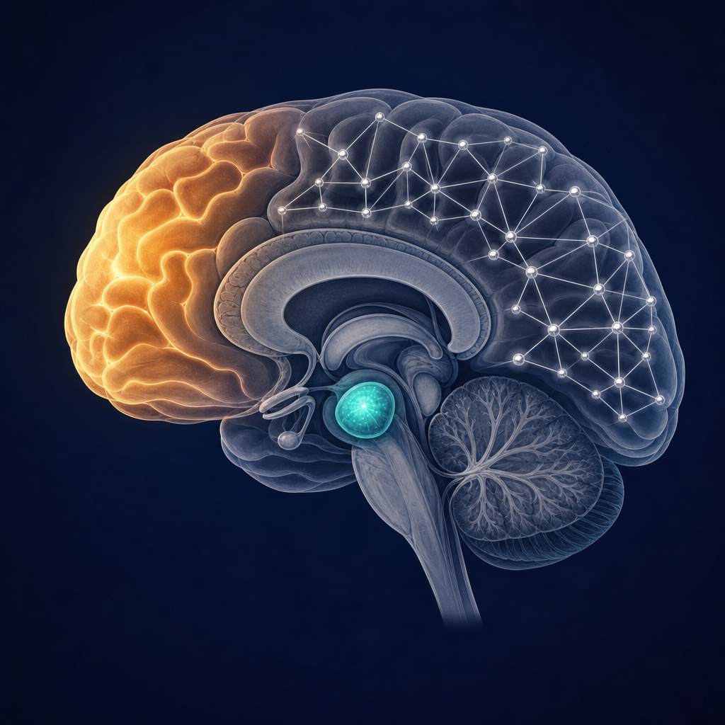 Brain illustration showing prefrontal cortex, amygdala and default mode network affected by meditation