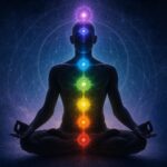 Seven chakra energy centers glowing along a meditating human silhouette