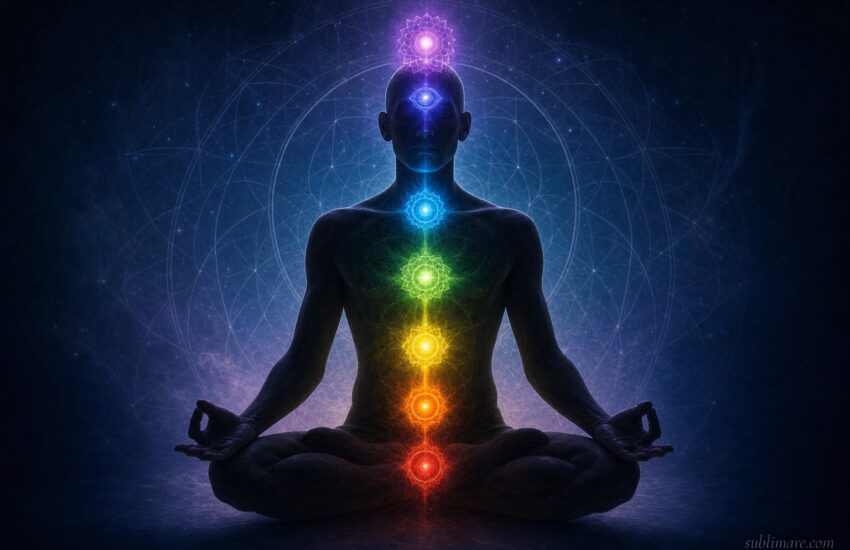 Seven chakra energy centers glowing along a meditating human silhouette
