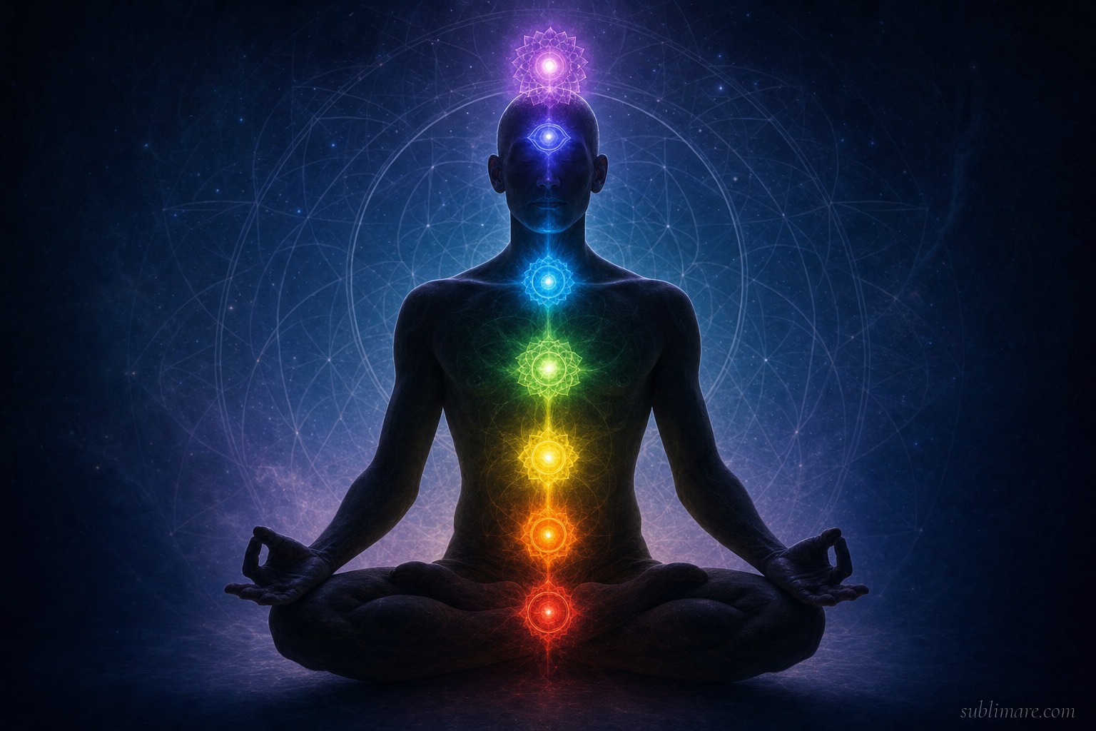 Seven chakra energy centers glowing along a meditating human silhouette