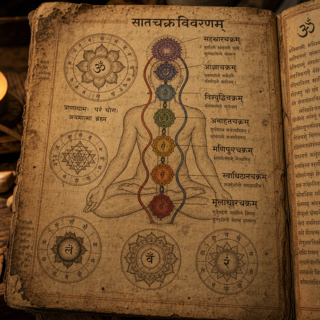 Ancient Sanskrit manuscript with chakra diagrams