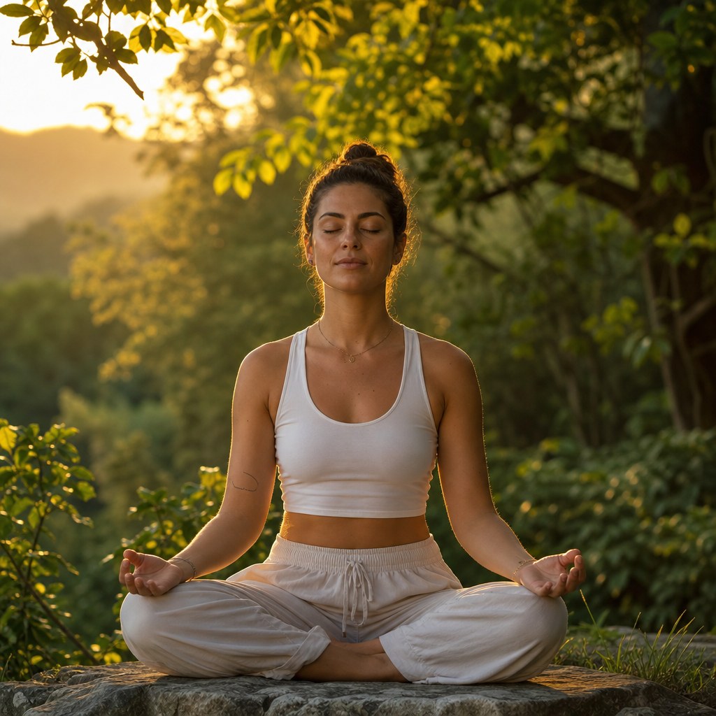 Person meditating outdoors at golden hour