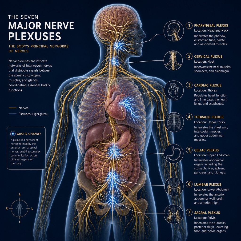 Anatomical illustration showing nerve plexuses corresponding to chakra locations