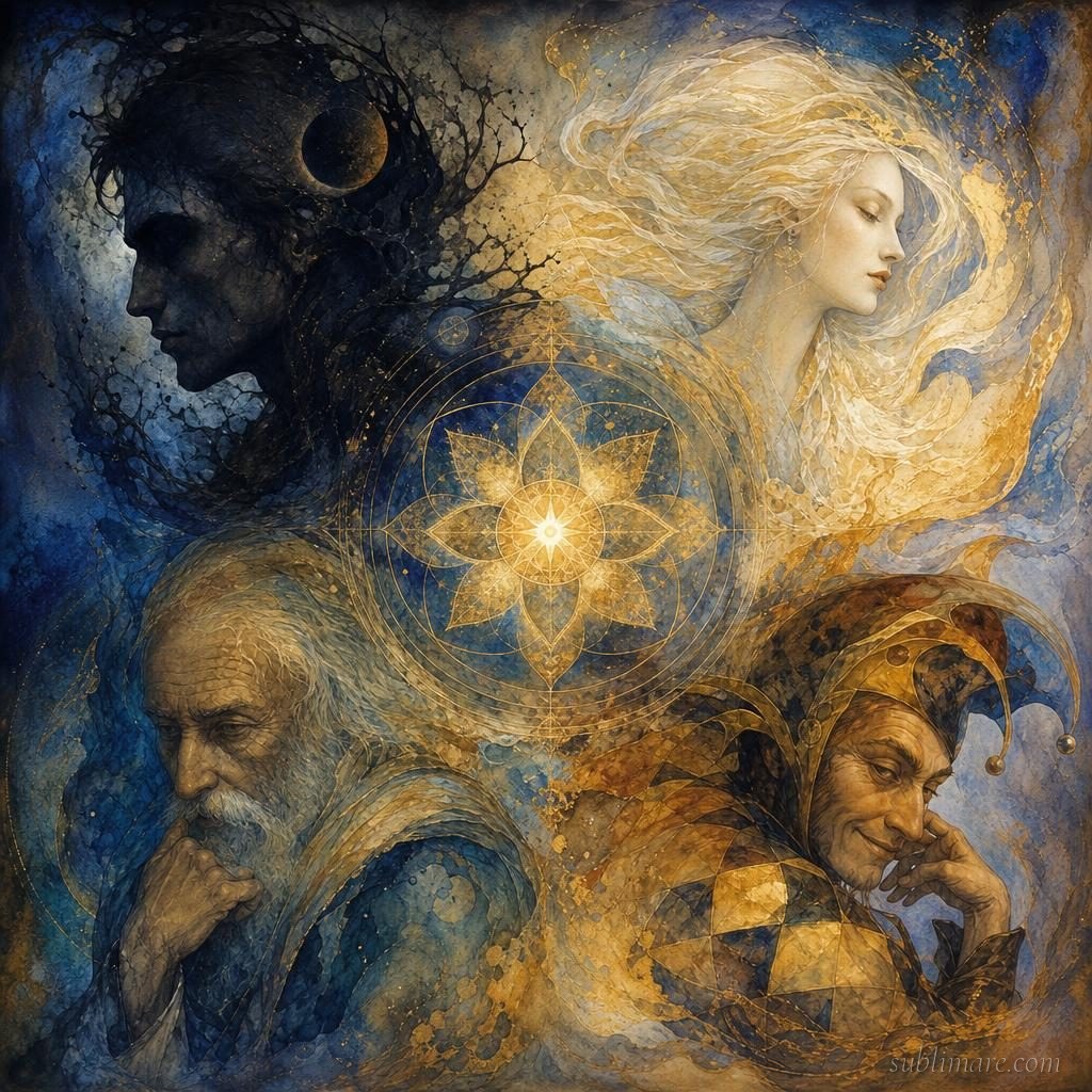 Painterly illustration of Jungian archetypes — the shadow, anima, wise elder and trickster arranged around a central mandala